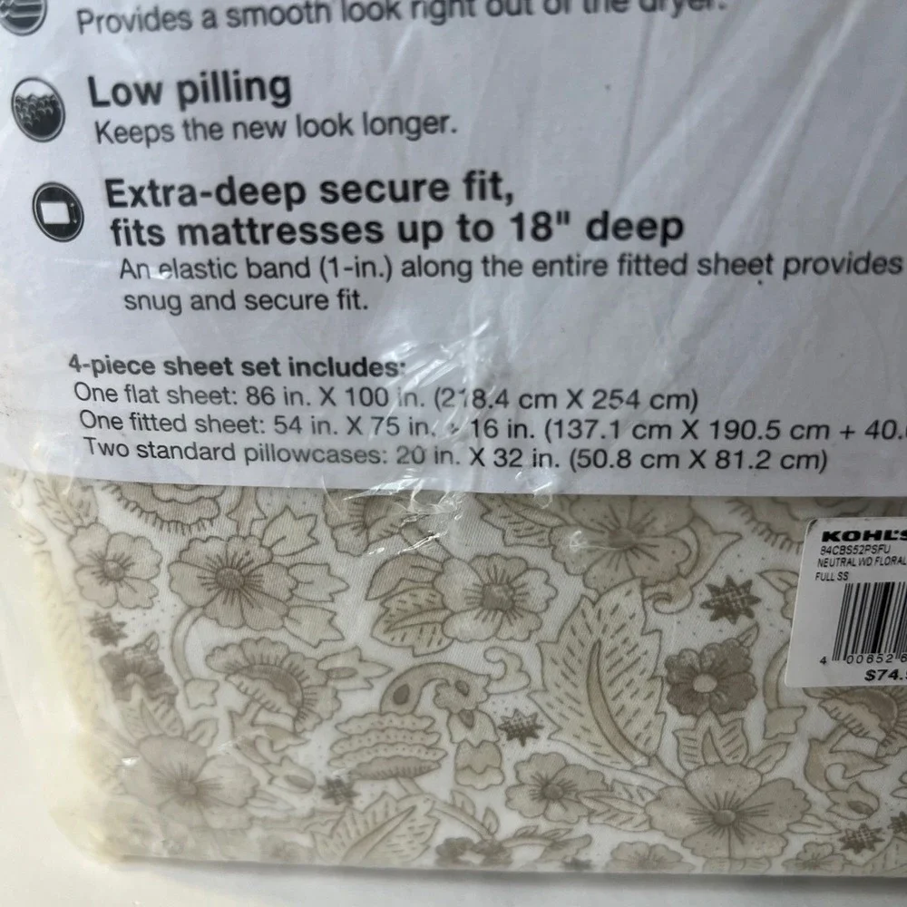 Sonoma Goods For Life Easy Care Sheet Set Full Size 525 Count Florals NIP‎